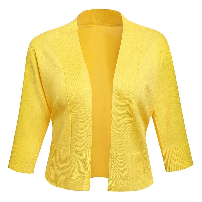 AAMILIFE Women's 3/4 Sleeve Cropped Cardigans Sweaters Jackets Open Front Short Shrugs for Dresses Yellow M - Image 2
